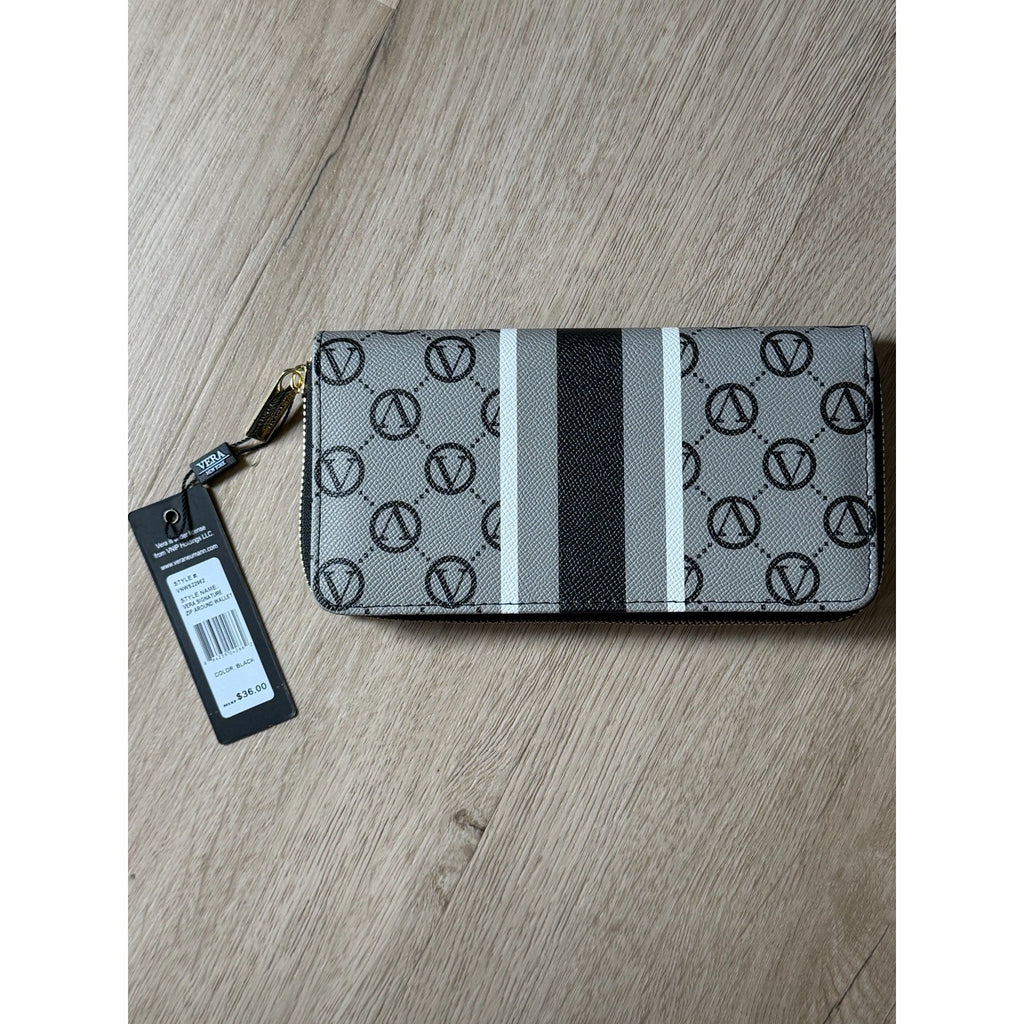 W010-Opened Vera New York Black Gray Signature Logo Zip Around Wallet NWT