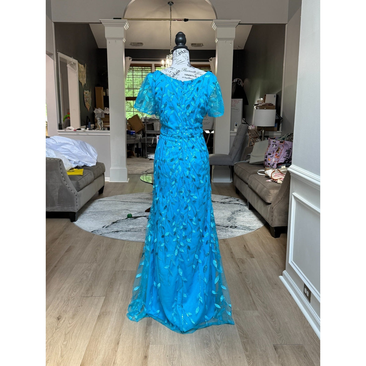 G003 NWT Turquoise Blue Sequin Leaf Mesh Overlay Formal Maxi Gown Dress Size 14