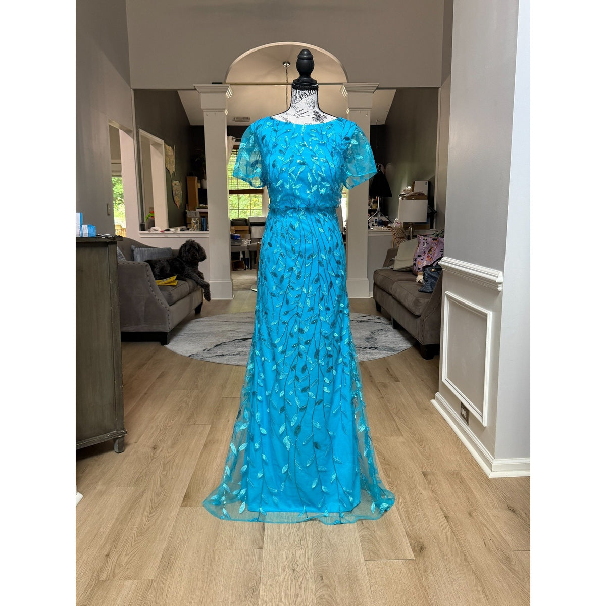 G003 NWT Turquoise Blue Sequin Leaf Mesh Overlay Formal Maxi Gown Dress Size 14