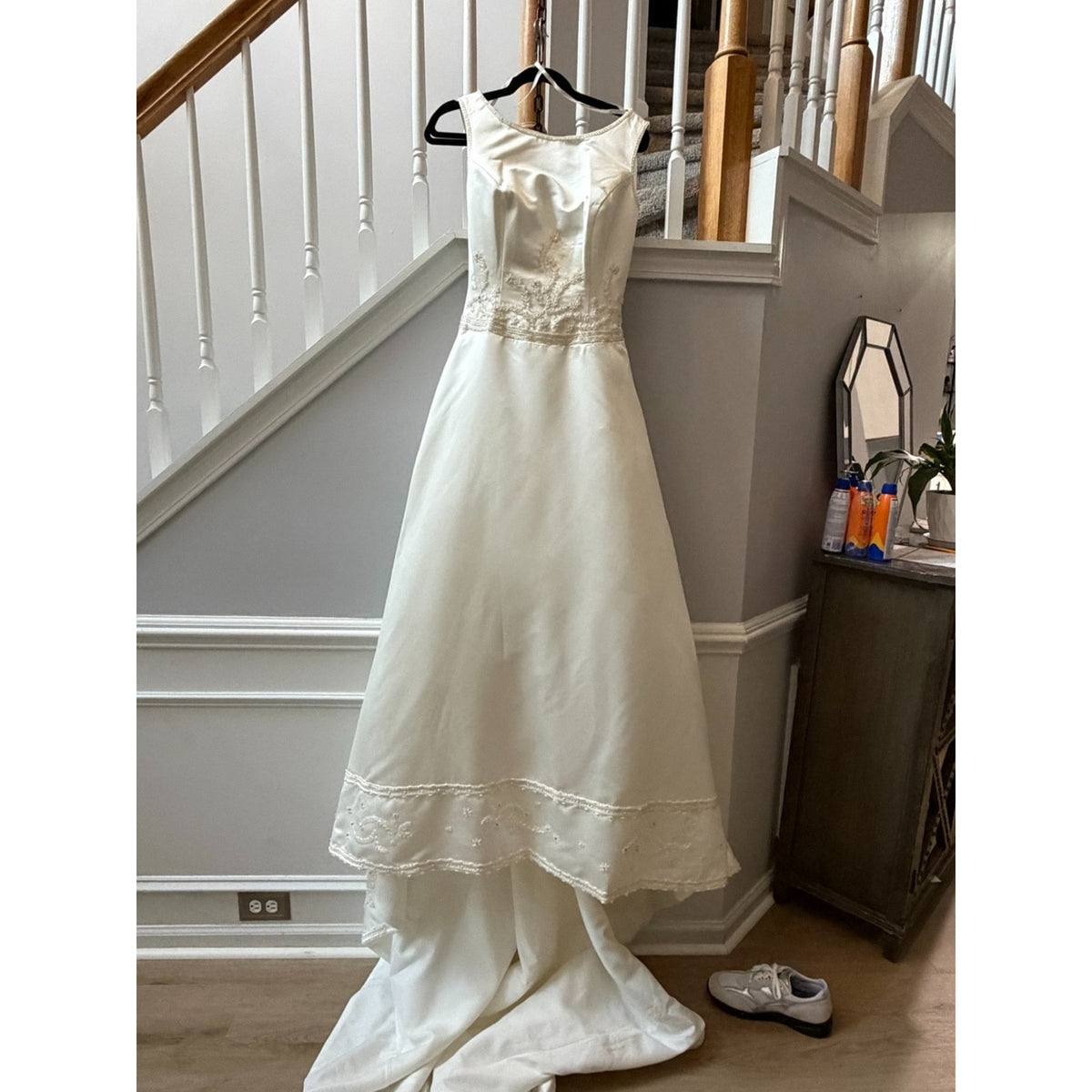 WG004 Da Vinci Size 12 Soft White Ivory Beaded Satin A-Line Wedding Dress Gown