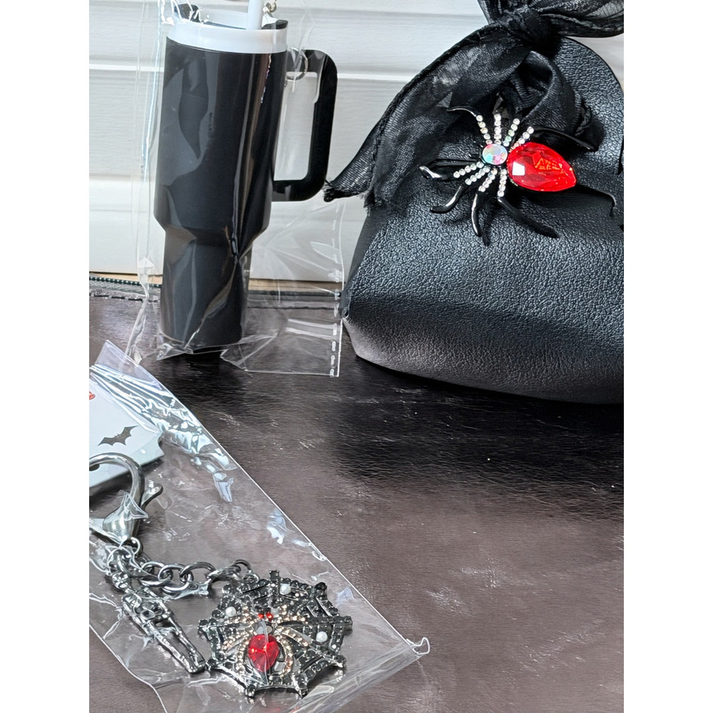 Black Halloween Gift Set 5 Piece Spider Brooch Mini Bag Tumbler Keychains